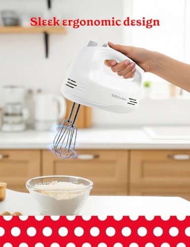 Betty Crocker 5-Speed Hand Mixer, 150 Watts Power, Easy-Clean Chrome Plate Beaters, Beater Eject Button, Heel Rest, Sleek Compact Design, Apartment Essentials, BC-4203WT, White