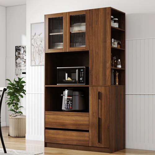 KEIKI 70.87" Tall Kitchen Pantry Storage Cabinet with Pull-Out Shelf, Side Shelves, 2 Drawers, Glass Doors & Microwave Stand, Freestanding Wood Hutch Food Pantries Cupboard for Dining Room