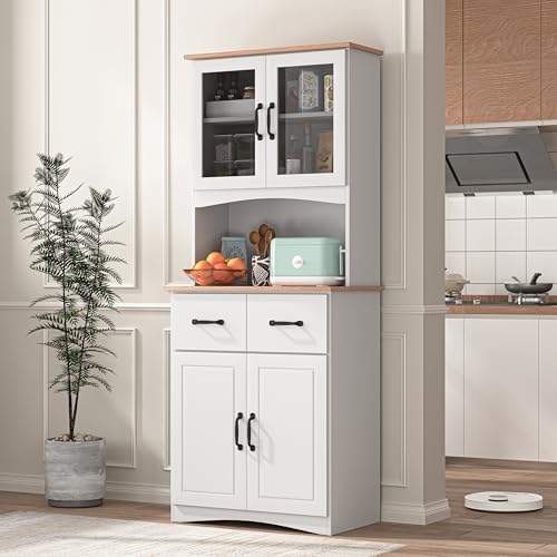 GDFStudio Wooden Kitchen Pantry Cupboard with Framed Glass Doors & Drawer, Freestanding Storage Cabinet Hutch, Kitchen Living Room Rectangle Storage Cabinet, Home Organization Cupboard, White