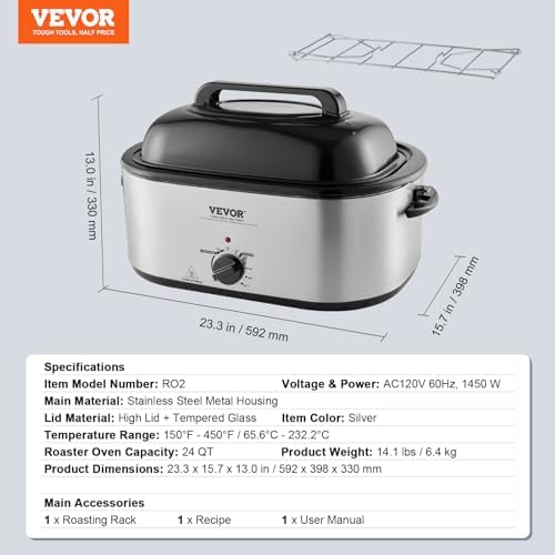 VEVOR Electric Roaster Oven with Defrost & Warm Function, 24 QT Turkey Roaster Oven with Self-Basting Lid, 1450W, Adjustable Temp, Removable Pan & Rack, Fits Turkeys Up to 28LBS, Silver