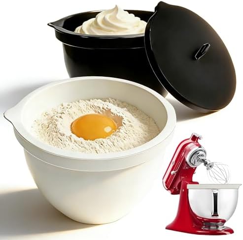 Silicone Bowl Liners with Lids for KitchenAid 5 Qt Tilt Mixing Bowl Inserts, Kitchen Mixer Accessories for Baking & Cooking, Dishwasher Safe, Heat & Cold Resistant (Black & White)