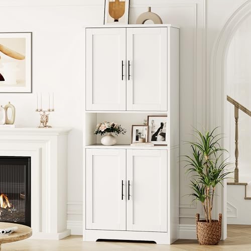 Takywep Modern Tall Freestanding Pantry Cabinet 70", Storage Cupboard with 4 Doors, Adjustable Shelves & Open Shelf, Multipurpose Home Organizer for Living Room, Kitchen, Dining Room, White