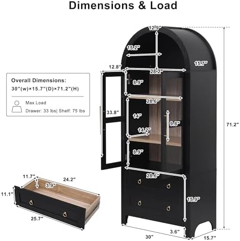 Ball & Cast Arched Kitchen Pantry Cabinet with Glass Door&2 Large Drawers,Modern Farmhouse Kitchen Storage Cabinets W/Adjustable Shelves,Wood Versatile Cupboard for Kitchens,Dining Room,Black,71" Tall