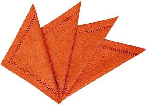 Set of 4 Handcrafted Solid Orange Color Thanksgiving Dinner Napkins, Double-Hemstitched, Square 12 x 12 Inches