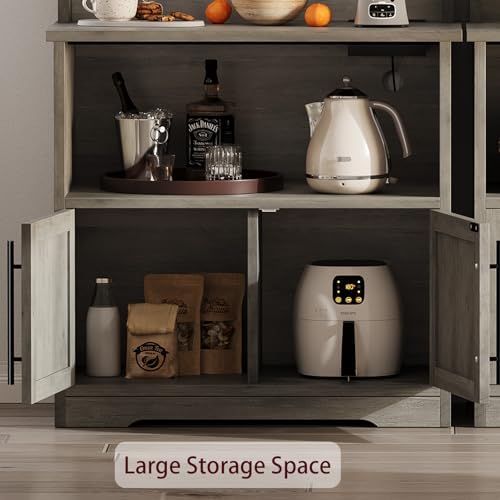 IDEALHOUSE Bakers Rack With Storage Cabinet, Microwave Stand With Power Outlets, Farmhouse pantry cabine With Thick Table Top, Small Kitchen Pantry Hutch Bakers Rack for Kitchen,Dining Room,Retro Gray