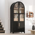 GDFStudio Mariah 71" Tall Arched Kitchen Pantry Cabinet with Hidden Drawer, Glass Door & Adjustable Shelves, Farmhouse Storage Cabinet Cupboard for Kitchen Dining Room, Home Pantry Storage, Black