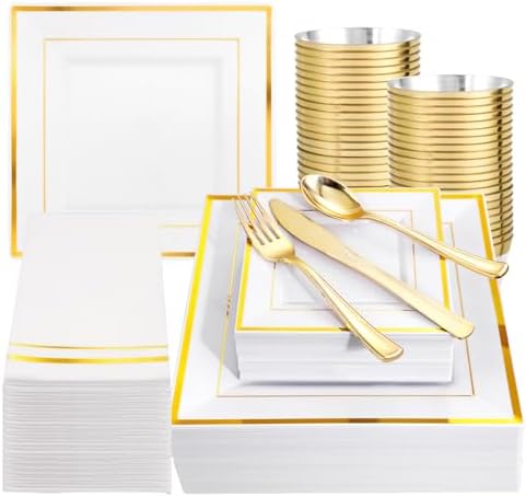 Festiva 350Pcs Gold Plastic Plates - Disposable Square Gold Plates Dinnerware set include 9.5"/6" Plates,Cups,Plastic Cutlery,Hand Napkins Perfect for 50 guests Party&Birthday&Wedding