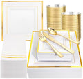 Festiva 350Pcs Gold Plastic Plates - Disposable Square Gold Plates Dinnerware set include 9.5"/6" Plates,Cups,Plastic Cutlery,Hand Napkins Perfect for 50 guests Party&Birthday&Wedding