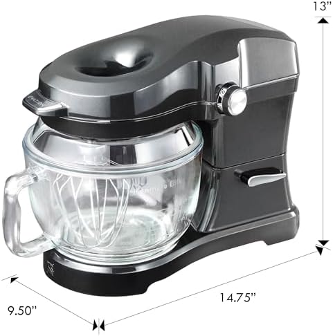 Kenmore Elite Ovation 5 Qt Stand Mixer, 500 Watts, with Revolutionary Pour-In Top, Tilt Head, Flat Beater, Whisk, Dough Hook, 360-degree Splash Guard, Glass Bowl, LED Light, Metallic Grey
