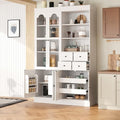 Merax Wood Kitchen Pantry with 4 Drawers, 3 Cabinets and Hutch, Tall Cupboard Dining Storage Cabinet with Door Shelves and Pull-Out Trays for Living Room, Kitchen, Dining Room White