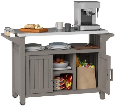 Bifanuo Outdoor Grill Table Grill Cart with Stainless Steel Top & Storage Cabinet for Food Prep and Storage, Portable and Durable with Wheels (Grey)