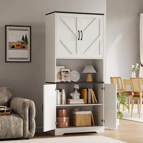 Garvee 70" Kitchen Pantry Cabinet, Farmhouse Tall Pantry Storage with Barn Doors and Adjustable Shelves, Wood Cupboard Locker for Kitchen, Dining Room, Living Room, Garage, White