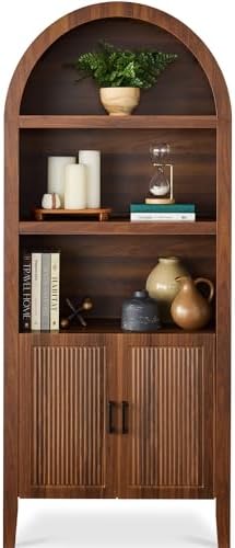Best Choice Products 72" Tall Arched Pantry Cabinet w/Reeded Doors, 5-Tier Bookshelf, Armoire, Hutch, Bookcase, Storage Cabinet w/Adjustable Shelves, for Dining Room and Livingroom - Walnut