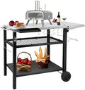 Outdoor Grill Cart Pizza Oven Stand, Three-Shelf Stainless Steel Food Prep Table Patio BBQ Grill Table Bar Cart Kitchen Island with Wheels