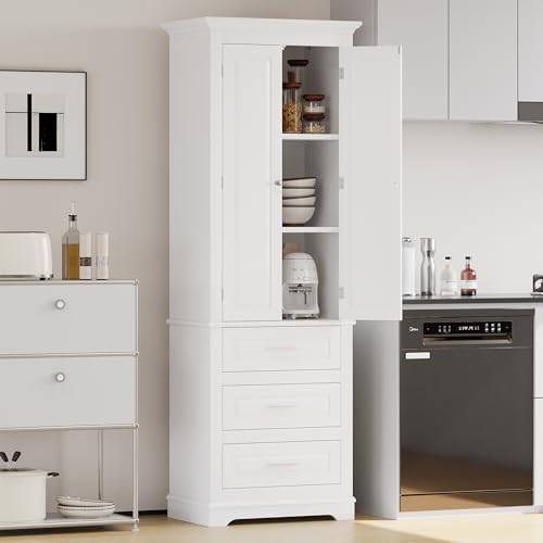 Merax 70" Pantry Cabinet with Two Doors & Three Drawer, Adjustable Shelves Storage Cupboard for Kitchen/Dining Room/Bathroom, White