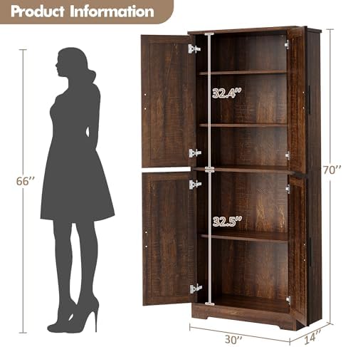Garvee Kitchen Pantry Cabinet, 70 Inch Tall Storage Cabinet with Doors and Adjustable Shelves, Freestanding Wooden Classic Cupboard for Living Room, Dining Room, Bathroom