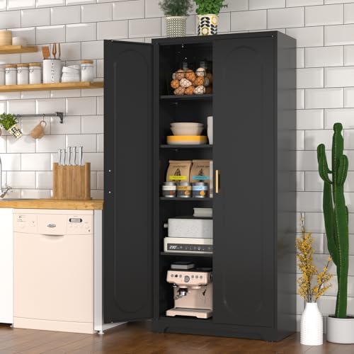 Polup 71" Black Metal Kitchen Pantry Storage Cabinet with Doors and Shelves