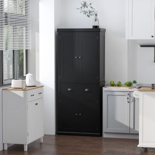 HOMCOM 72.5" Kitchen Pantry Cabinet Freestanding 4 Doors Black