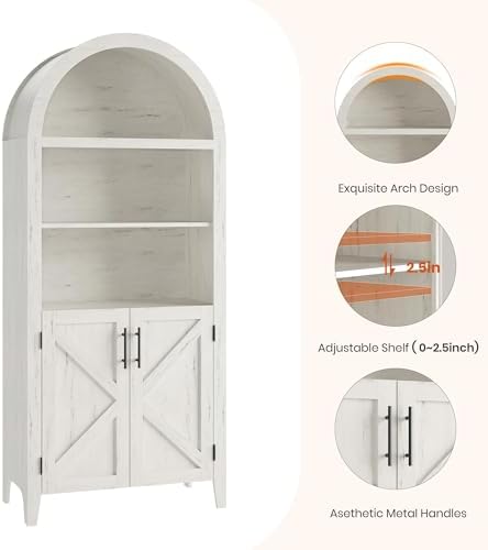 Garvee Arched Cabinet with Doors, 5-Tier Kitchen Pantry Cabinet with Adjustable Shelves, Wooden Open Farmhouse Storage Organizer for Kitchen, Dining Room, Living Room, Home Office, White