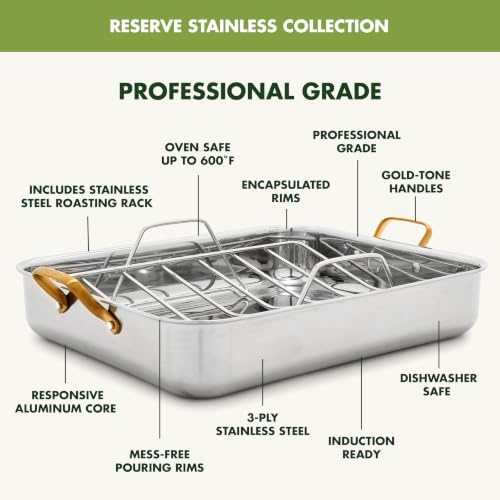 GreenPan Reserve 16” x 13” Tri-Ply Stainless Steel Roasting Pan with Rack