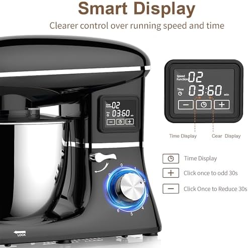 Electric Stand Mixer with LED Display & Timer 6.5QT Bowl Stainless Steel, 1350W 6-Speeds Kitchen Stand Up Mixer for Baking Cakes Cookie Bread Salad Food with Egg Whisk, Dough Hook, Beater
