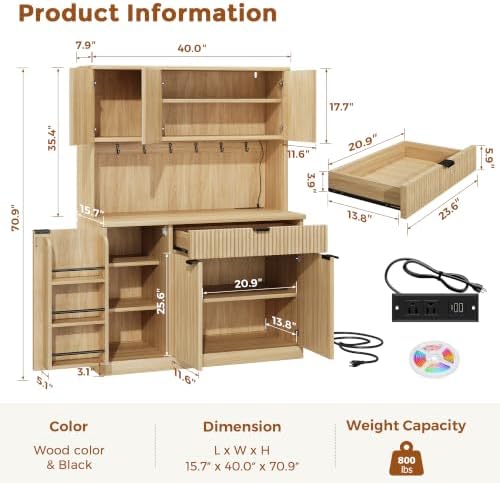 Jocoevol Fluted Kitchen Pantry Storage Cabinet with Charging Station & LED Lights,71" Tall Kitchen Hutch with Microwave Stand, Adjustable Shelves,Storage Doors (Natural, 41 * 71 * 15.7)