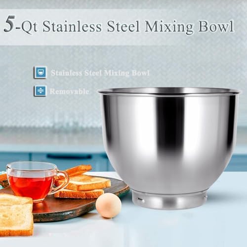 Stand Mixer 5-QT, 6+P Speed Tilt-Head Food Mixer 300W Dough Mixer with Stainless Steel Bowl,Dough Hook,Flat Beater&Whisk Electric Kitchen Mixer for Household Baking, Anti-Slip(Pearl White)