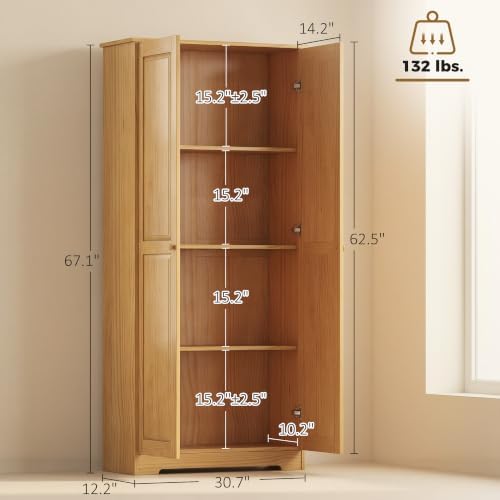 HOMCOM 67" Solid Wood Kitchen Pantry Storage Cabinet with Doors Brown
