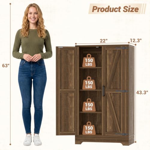 Unikito Kitchen Pantry Cabinet with Adjustable Shelves, Weathered Brown