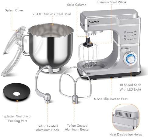 10-Speed Stand Mixer with 7.5 Quart Stainless Steel Bowl, Tilt-Head Electric Kitchen Mixer for Home Baking, Includes Beater, Dough Hook, Wire Whisk, Splash Guard, Ideal for Bread, Cake, and Cookies