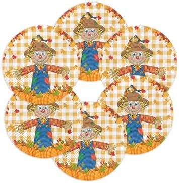 Fall Round Placemats Set of 6 Thanksgiving Scarecrows Crow Pumpkin Place Mats Woven Placemat Maple Leaf Orange Buffalo Plaid Circle Braided Table Mat for Kitchen Holiday Party Fall Decor 15 Inch