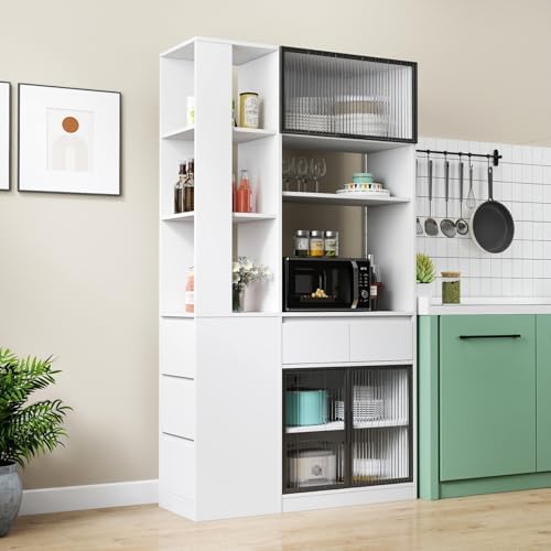KEIKI 70.87" Tall Kitchen Pantry Storage Cabinet with 5 Drawers, Side Shelves, Glass Doors & Microwave Stand, Freestanding Wood Hutch Food Pantries Cupboard Organizer for Entrance Dining Room, Hallway