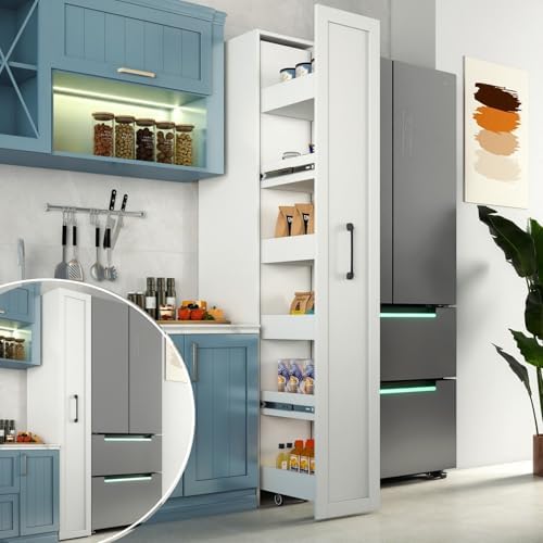 KEIKI Pull-Out Kitchen Pantry Storage Cabinet with Multi-Tier Shelf & Wheels, Spice Rack Next to Fridge, Freestanding Wood Cabinet Hutch Food Pantries Cupboard for Dining Room, Narrow Spaces