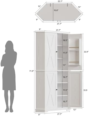 IRONCK Corner Cabinet, 72" Farmhouse Pantry Storage Cabinet, White