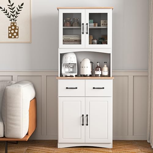 GDFStudio Wooden Kitchen Pantry Cupboard with Framed Glass Doors & Drawer, Freestanding Storage Cabinet Hutch, Kitchen Living Room Rectangle Storage Cabinet, Home Organization Cupboard, White