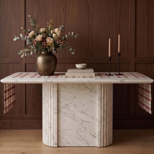Solino Home 100% Pure Linen Table Runner Plaid, Almond Plaid 14 x 48 in