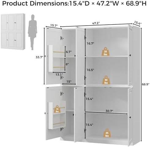 IRONCK Kitchen Pantry Storage Cabinet 47.2" W x 69" H, 6 Doors Large Storage Modern Food Pantries with 8 Shelves and Door Rack, Cupboard for Living Room Dining Room, White