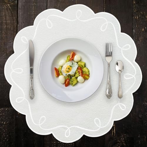 16.5 Inch Ribbon Twirl Embroidery Round Placemats Set of 4, Scalloped Round Table Mats for Party Kitchen Dining Decoration, White