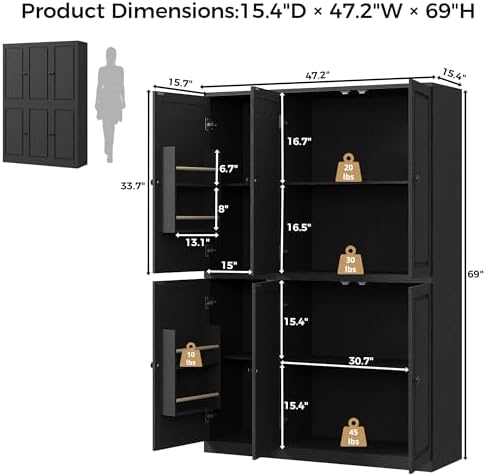 IRONCK Kitchen Pantry Storage Cabinet 47.2" W x 69" H, 6 Doors Large Storage Modern Food Pantries with 8 Shelves and Door Rack, Cupboard for Living Room Dining Room, Black