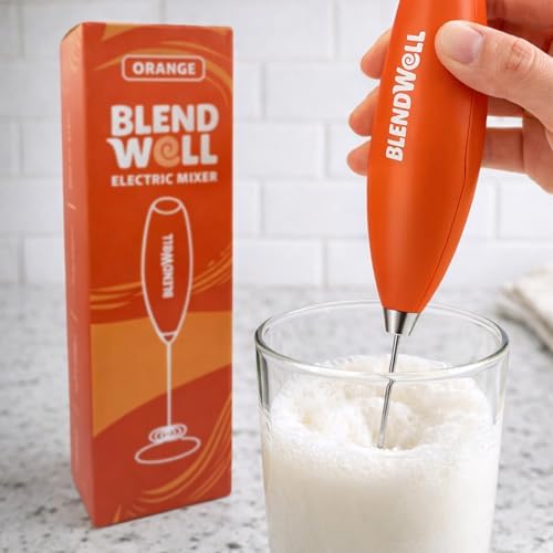 BlendWell Electric Milk Frother for Matcha and Coffee, Handheld Battery Operated Drink Mixer with Stand, Stainless Steel Whisk, Orange