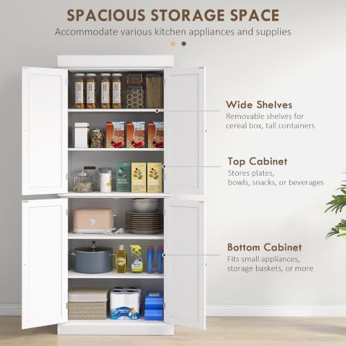 HOMCOM 72.5" Tall Kitchen Pantry Cabinet 4 Doors Modern White