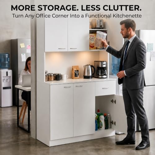 Basicwise Kitchen Storage Hutch with Doors & Shelves - 71 Inch Tall Wood Organizer, Deep Cupboard with Drawers, Modern Freestanding Unit for Dining Room, Bathroom, White - Versatile Pantry Cabinet
