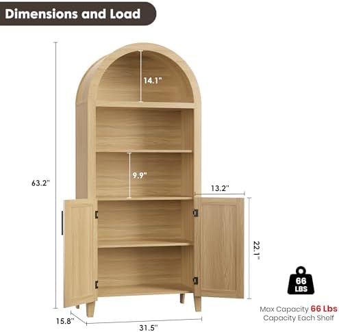 Arched Kitchen Pantry Cabinet with Doors, 5-Tier Open Display Shelf, Wood