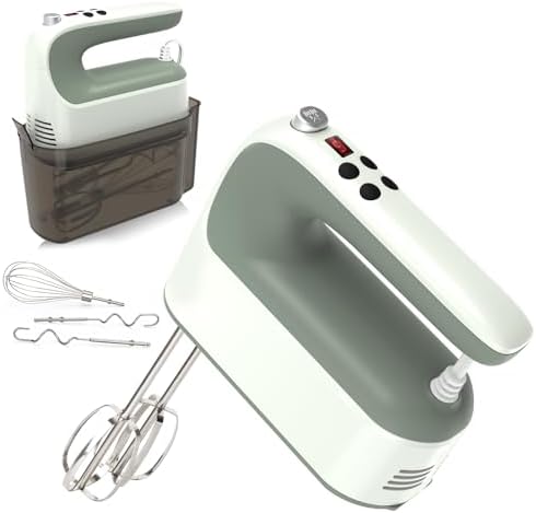 Yomelo 9-Speed Digital Hand Mixer Electric, 400W Powerful DC Motor, Hand Mixer Electric Handheld with Snap-On Storage Case, 5 Stainless Steel Accessories, Beaters, Dough Hooks, Whisk(Light Green)