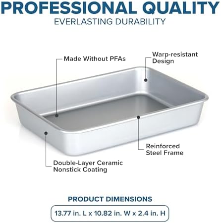 Viking Premium 13 x 9-Inch Nonstick Ceramic Roasting Pan, Made without PFAS, Heavy Gauge Aluminized Steel Baking Pan Sheet with Reinforced Iron Frame, Even Heating Cookware, Oven Safe to 475F, Silver