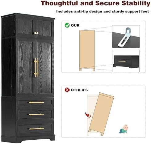 Ball & Cast 78" Tall Farmhouse Kitchen Pantry Cabinet,Freestanding Storage Cabinet with 8 Door Shelves, 3 Adjustable Shelves & 3 Large Drawers, Kitchen Pantry Cupboard for Dining Room, Bathroom, Black
