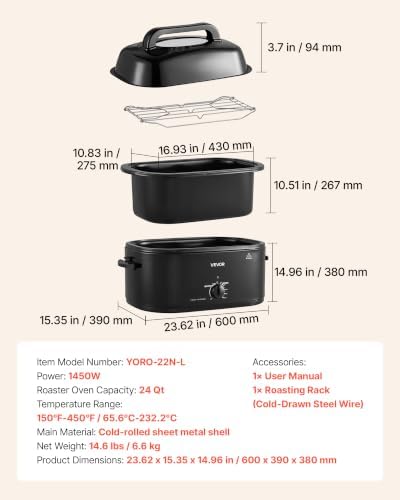 VEVOR Electric Roaster Oven, 24 Qt, Turkey Roasting Pan, Black, Viewing Lid
