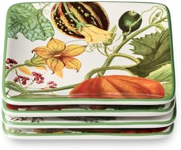 Harvest Fields 6” Ceramic Canapé Plates – Set of 4 Farmhouse Appetizer & Dessert Plates with Autumn Pumpkin Designs – Perfect for Snacks, Cheese, Hors d’Oeuvres & Thanksgiving Entertaining