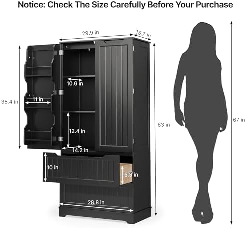 Gizoon 63" Kitchen Pantry Cabinet with Drawers for Dining Room, Black