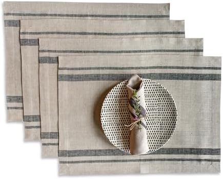 Solino Home 100% Pure Linen Placemats, 14 x 19 in, Black Striped, Set of 4